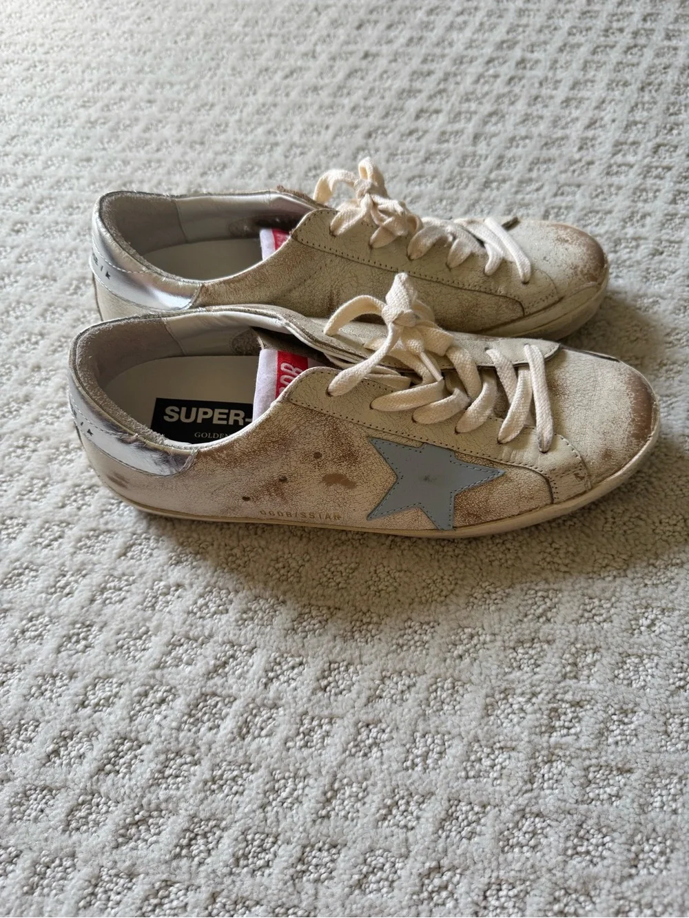 Golden Goose Kids Cream Leather Sneakers with Blue Star Accents